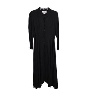 Mica Vintage Women Dress Sz M Black Button Front Long‎ Sleeve Midi 80s Academia